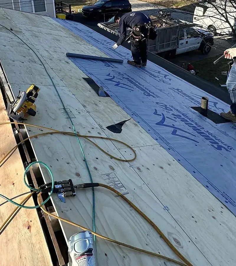 Brown metal standing seam roof installed in Millersville, MD.