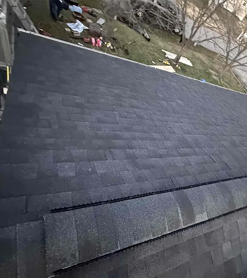 A detached shed with a green standing seam metal roof.