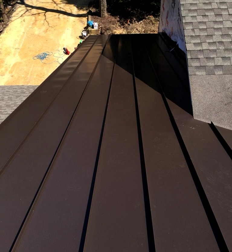 Brown metal standing seam roof installed in Millersville, MD.