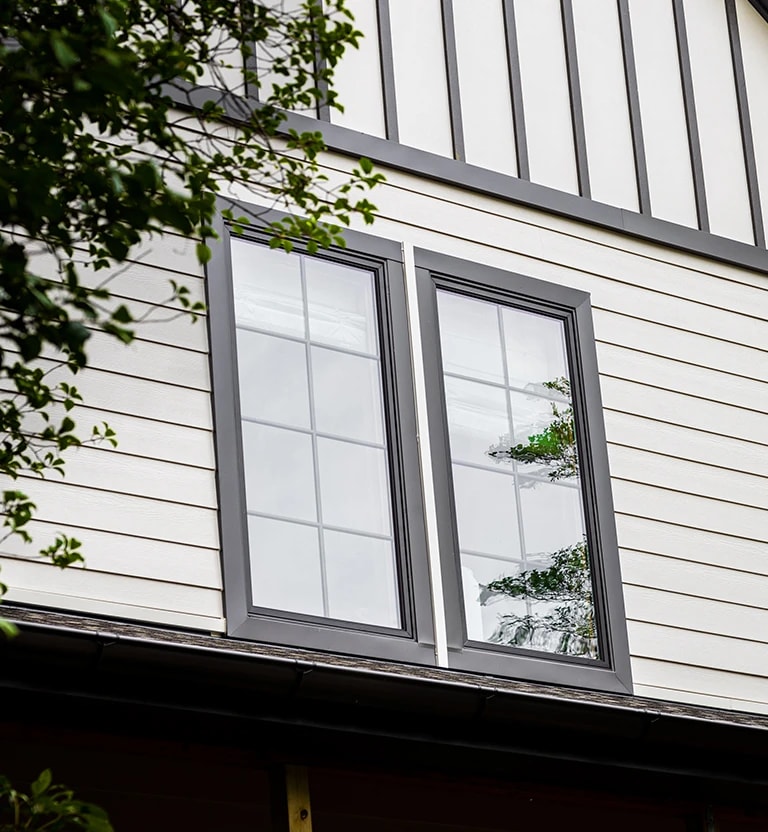 Brown casement windows.