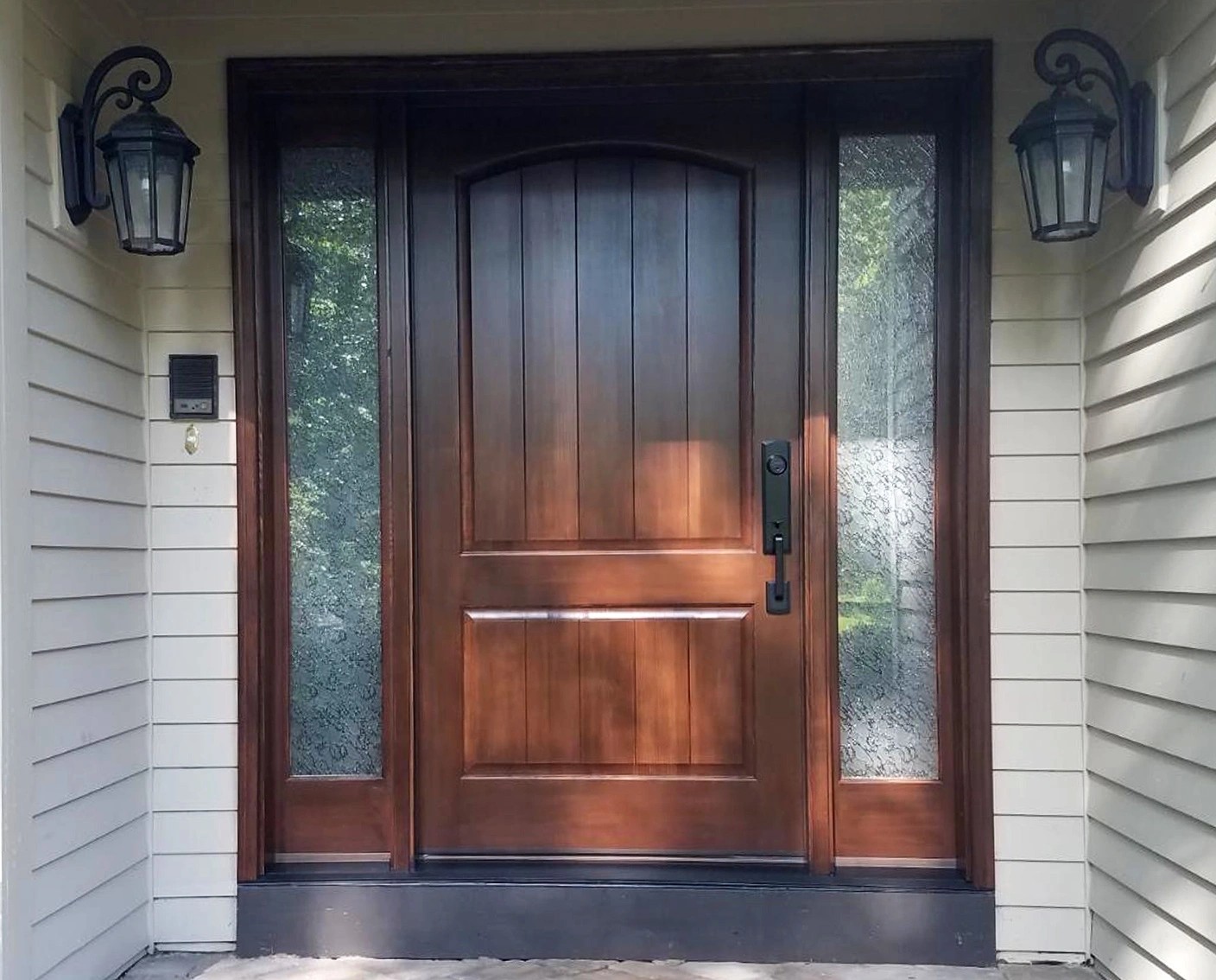A pre-finished fiberglass front entry door.