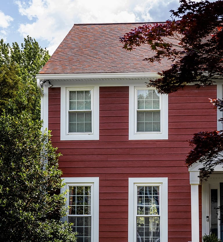 Red James Hardie Lap Woodgrain Siding.