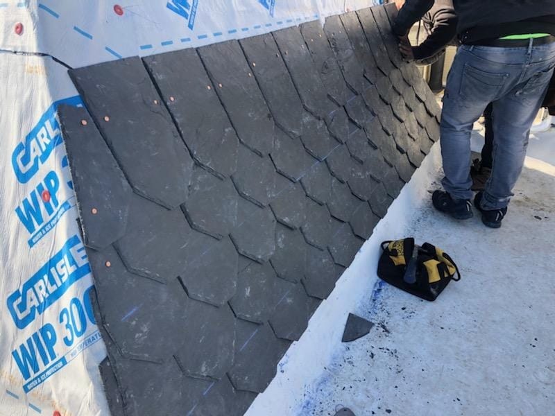 Install — Hand-clipped, one at a time — scalloped slate turret restoration in Washington DC by Capitol Improvements